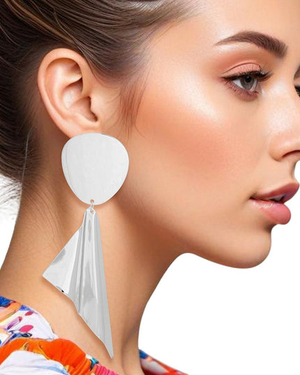 Drop Polished Silver Folded Metal Large Earrings