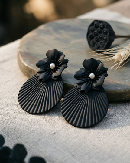 Large Stud Black Flower Fanned Teardrop Earrings