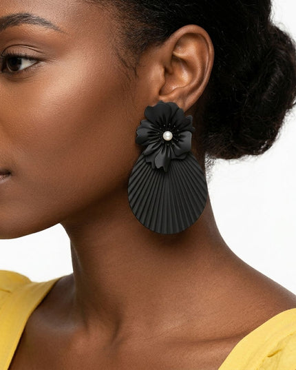 Large Stud Black Flower Fanned Teardrop Earrings