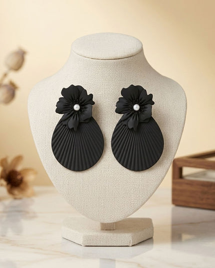 Large Stud Black Flower Fanned Teardrop Earrings