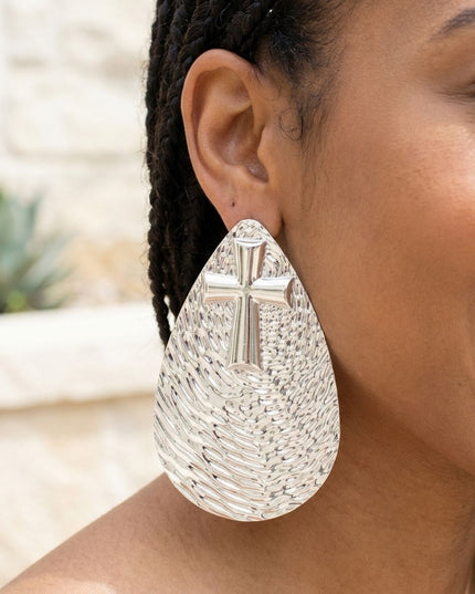 Silver Textured Teardrop Cross XL Stud Earrings