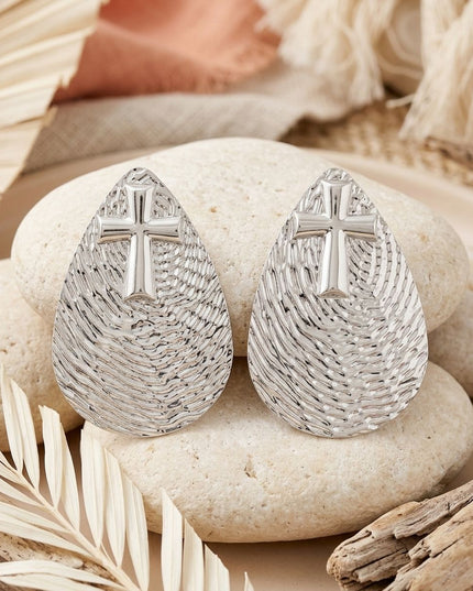 Silver Textured Teardrop Cross XL Stud Earrings