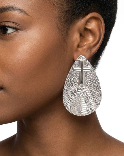 Silver Textured Teardrop Cross XL Stud Earrings