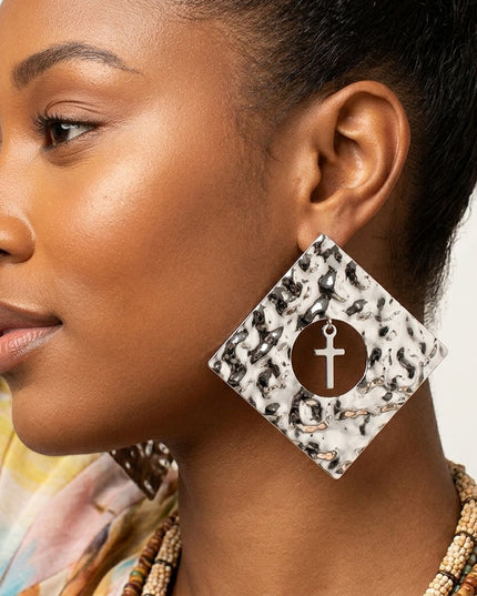 Silver Hammered Diamond Cross Large Stud Earrings