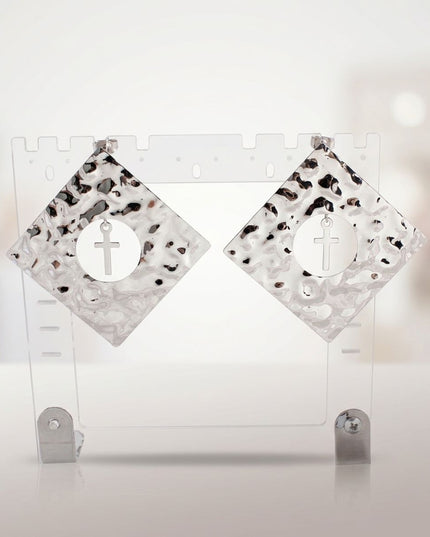 Silver Hammered Diamond Cross Large Stud Earrings