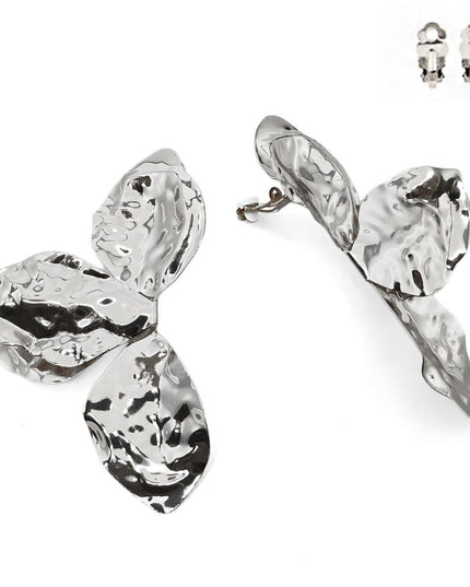 Clip On Large Silver Petal Earrings for Women