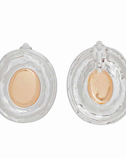 Clip On Earrings Large Silver Organic Oval Women