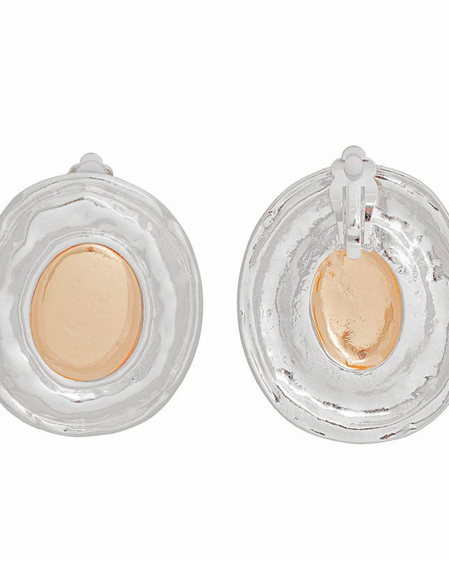 Clip On Earrings Large Silver Organic Oval Women