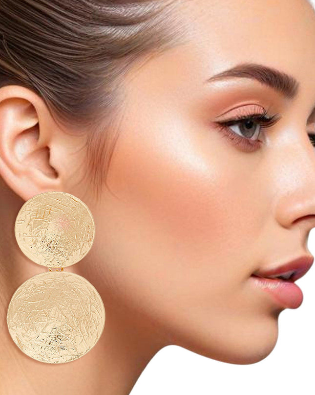 Clip On Earrings Scratched Gold Circle Drop Women