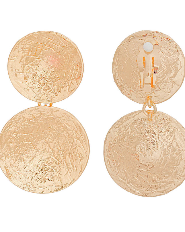 Clip On Earrings Scratched Gold Circle Drop Women