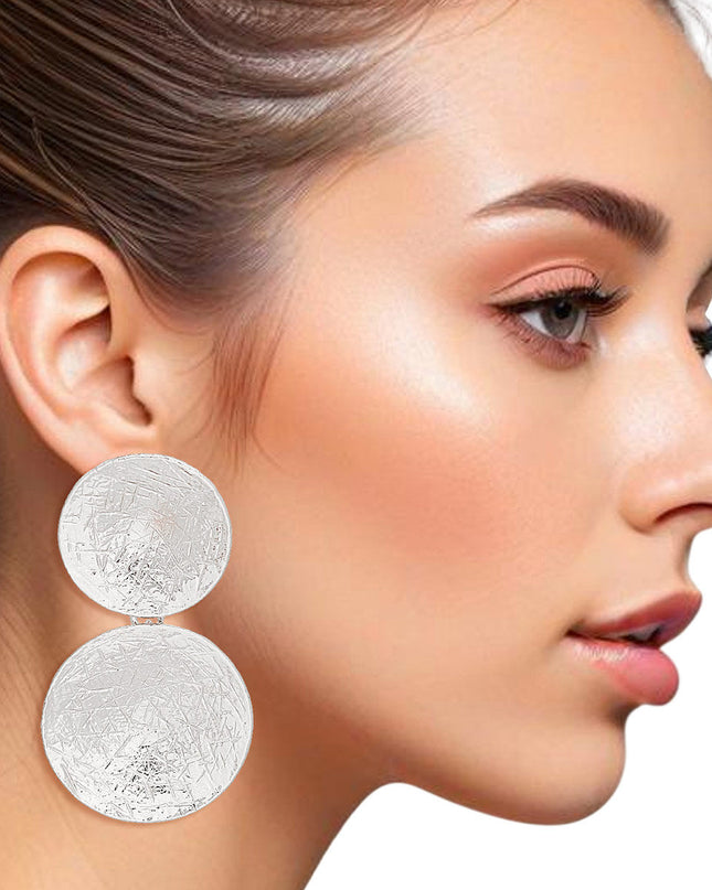 Clip On Earrings Scratched Silver Circle Drop