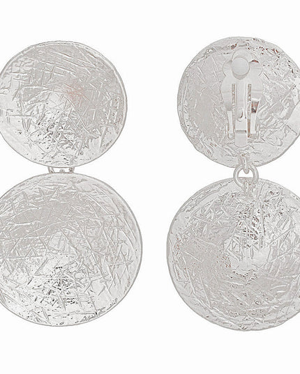 Clip On Earrings Scratched Silver Circle Drop