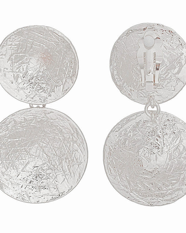 Clip On Earrings Scratched Silver Circle Drop