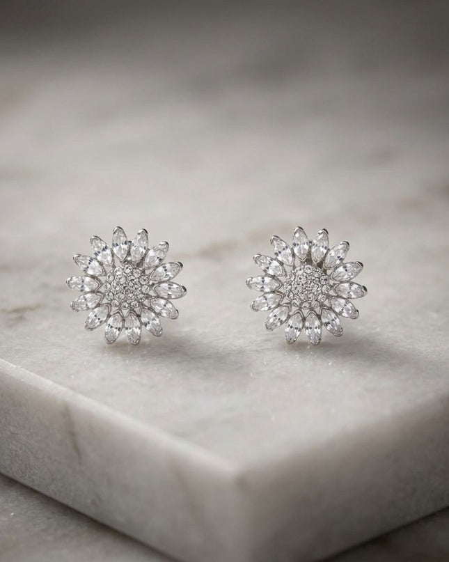 Clip On Silver Glass Crystal Sunflower Earrings