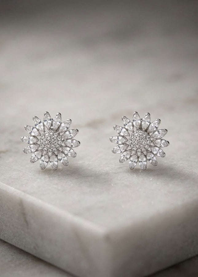 Clip On Silver Glass Crystal Sunflower Earrings