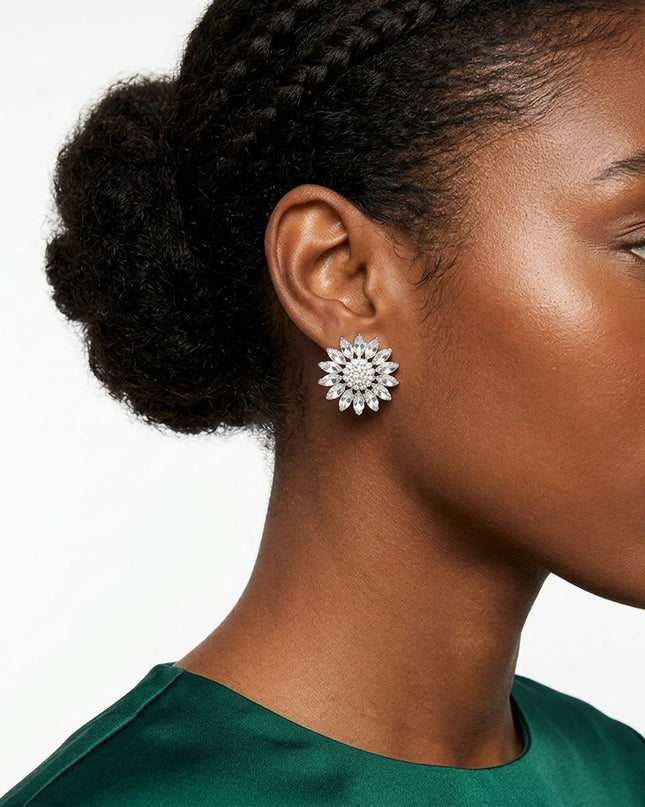 Clip On Silver Glass Crystal Sunflower Earrings