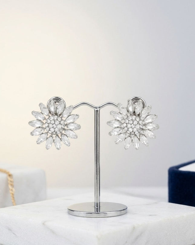 Clip On Silver Glass Crystal Sunflower Earrings