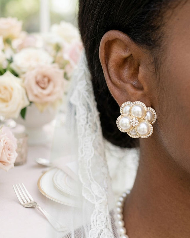 Clip on Gold Stacked Pearl Dome Pave Earrings