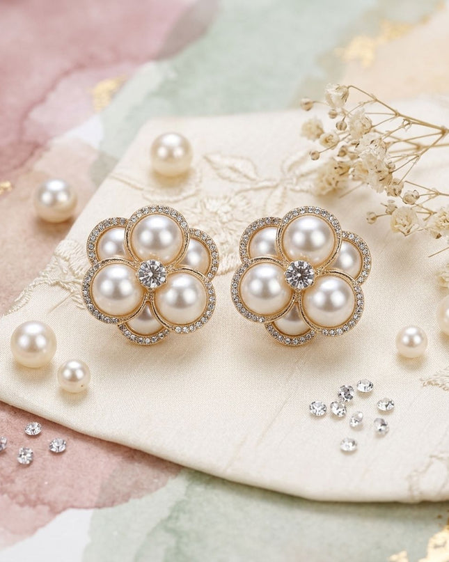Clip on Gold Stacked Pearl Dome Pave Earrings