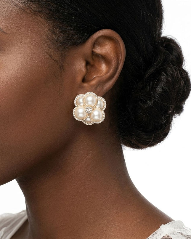 Clip on Gold Stacked Pearl Dome Pave Earrings