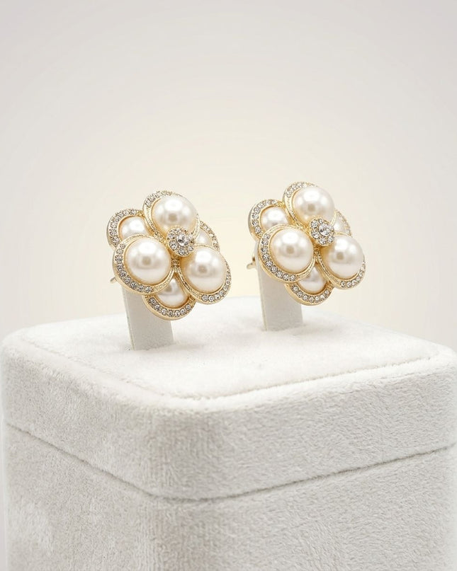 Clip on Gold Stacked Pearl Dome Pave Earrings