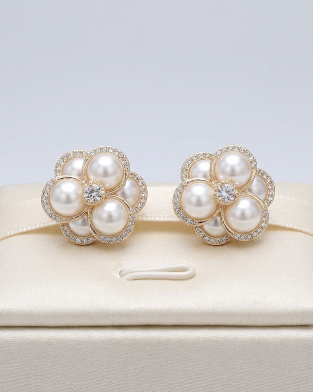 Clip on Gold Stacked Pearl Dome Pave Earrings