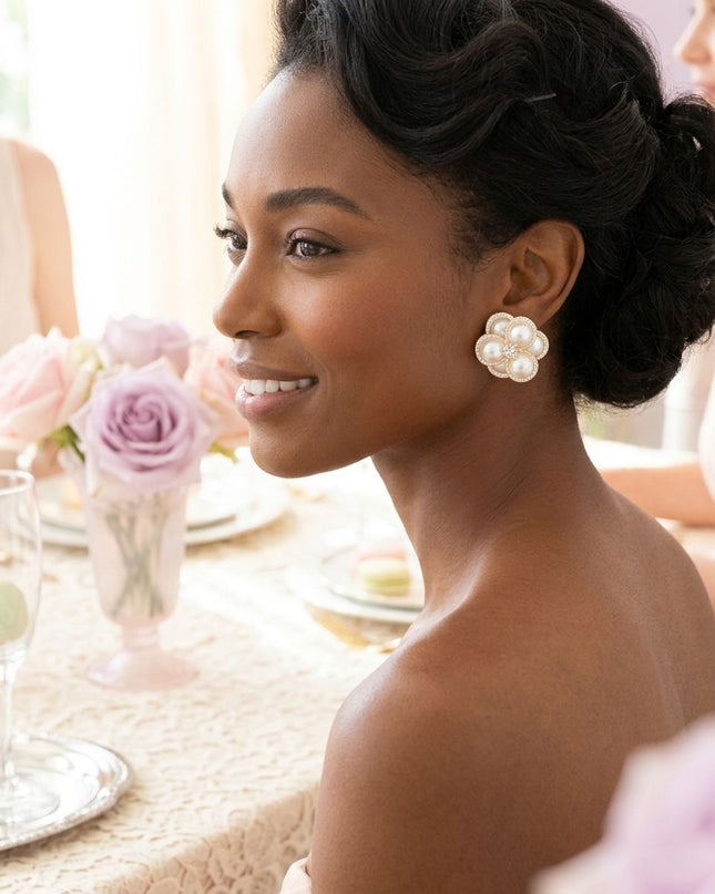 Clip on Gold Stacked Pearl Dome Pave Earrings