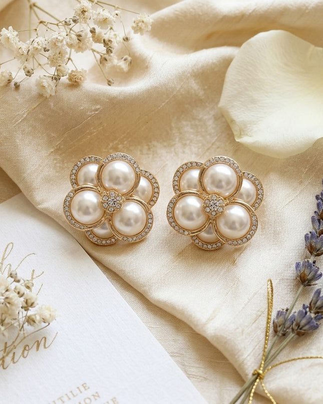Clip on Gold Stacked Pearl Dome Pave Earrings