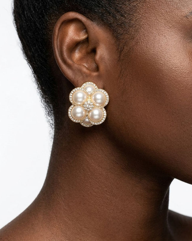 Clip on Gold Stacked Pearl Dome Pave Earrings