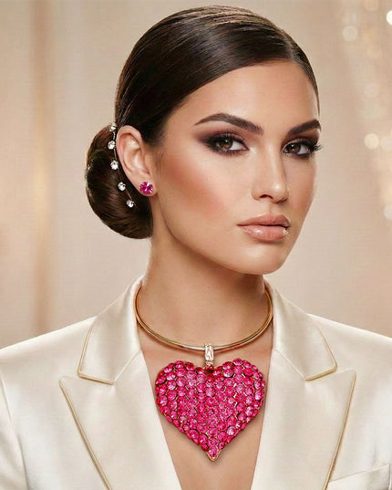 Pendant Fuchsia Stone Domed Heart Chunky Necklace
