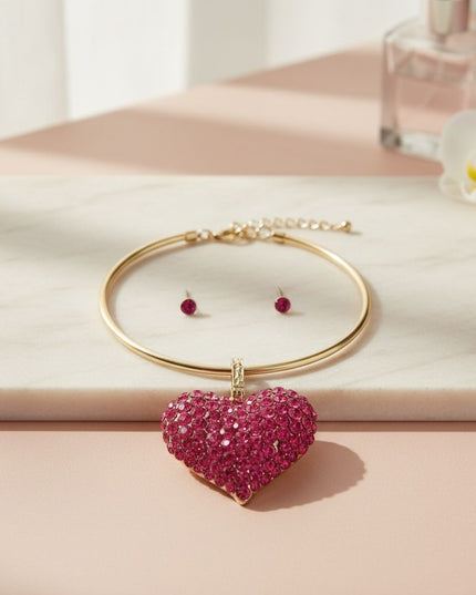 Pendant Fuchsia Stone Domed Heart Chunky Necklace