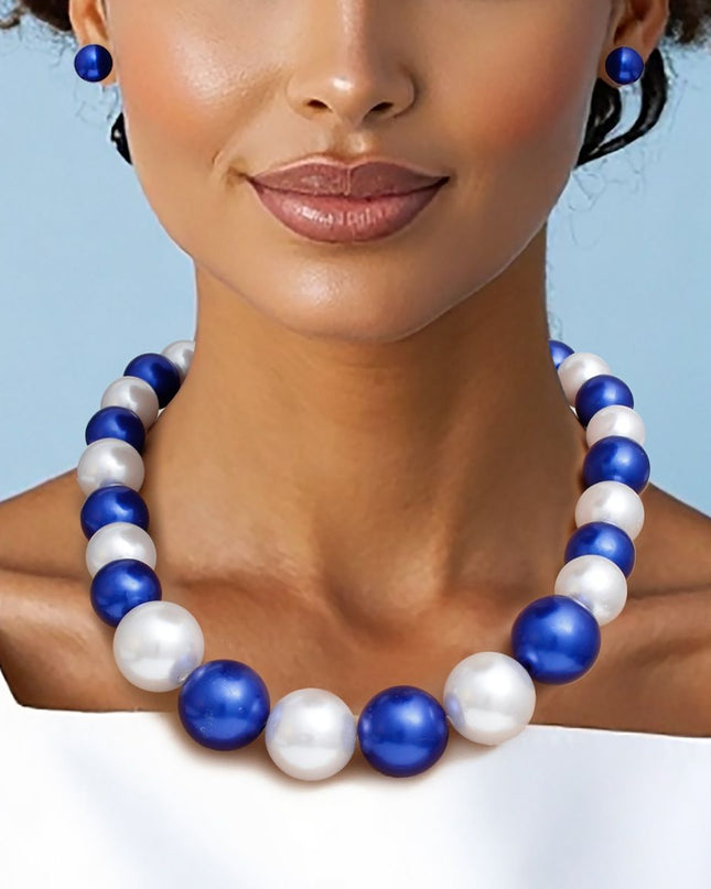 ZPB Blue White Single Strand Chunky Pearl Necklace