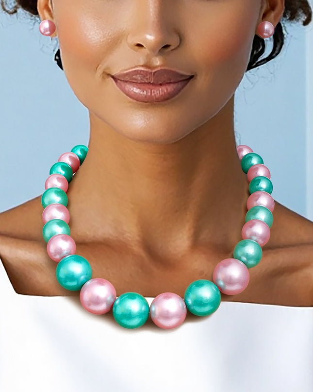 AKA Pink Green Single Strand Chunky Pearl Necklace