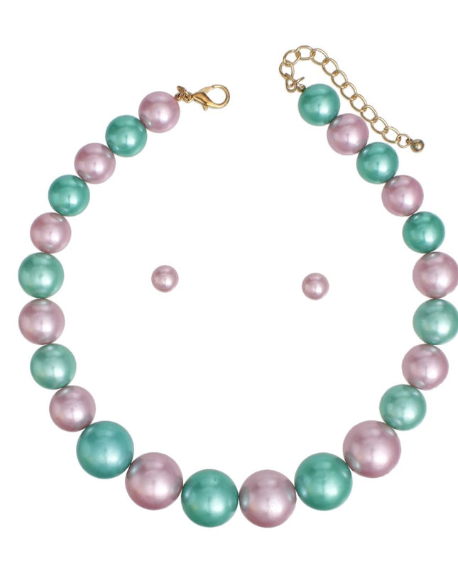 AKA Pink Green Single Strand Chunky Pearl Necklace