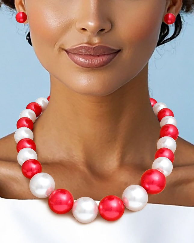 DST Red White Single Strand Chunky Pearl Necklace