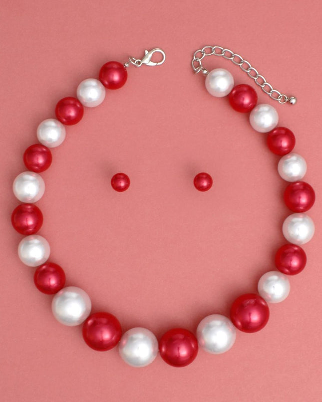 DST Red White Single Strand Chunky Pearl Necklace