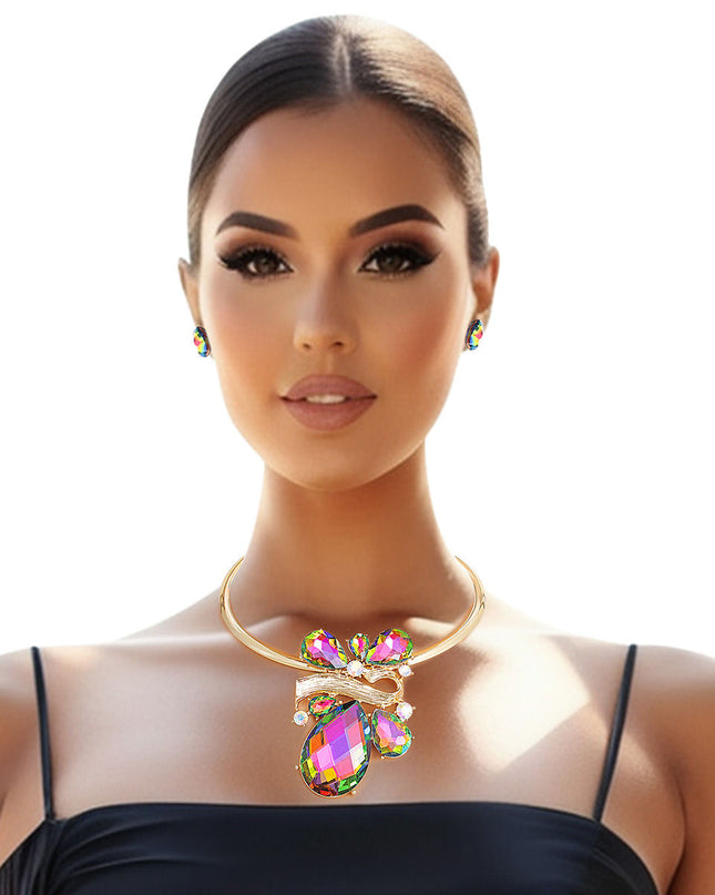 Choker Necklace Pink Green Teardrop Set for Women