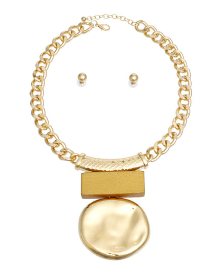 Chain Necklace Gold and Wood Pendant Set Women
