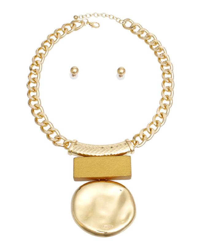 Chain Necklace Gold and Wood Pendant Set Women