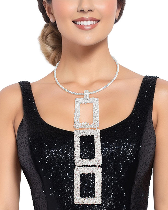 Pendant Necklace Long Silver Geo Wire Set Women