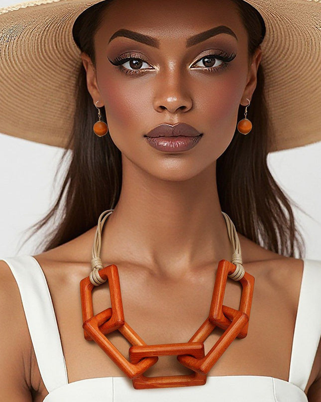 Collar Chunky Brown Wood Rectangle Link Necklace