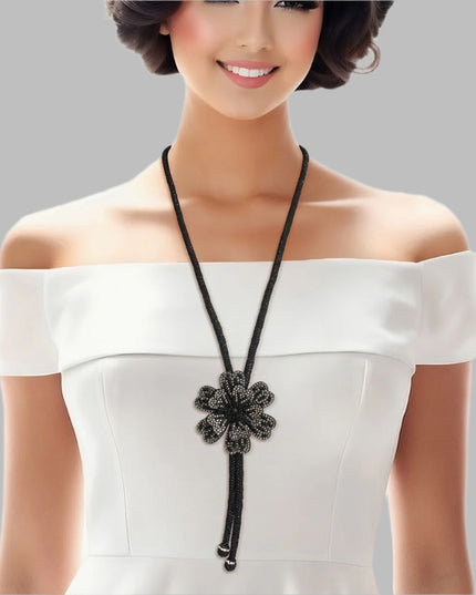Bolo Necklace Black Stone Flower Set for Women