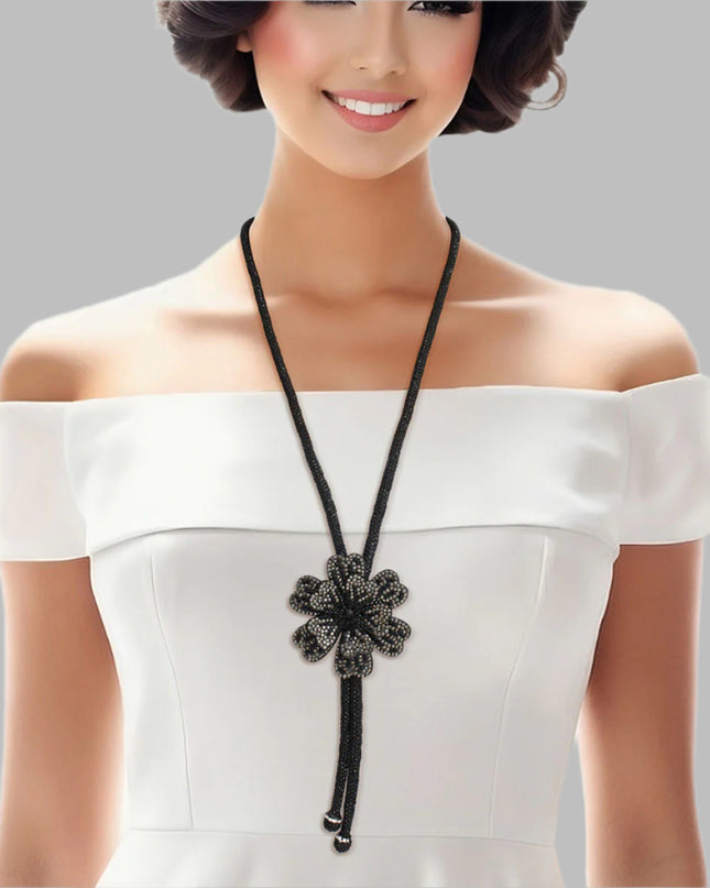 Bolo Necklace Black Stone Flower Set for Women
