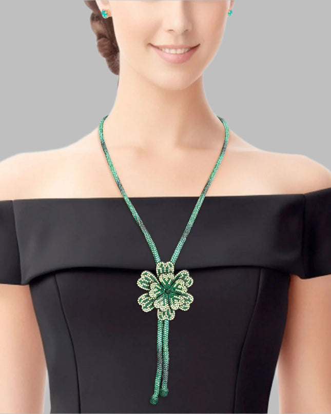 Bolo Necklace Green Stone Flower Set for Women