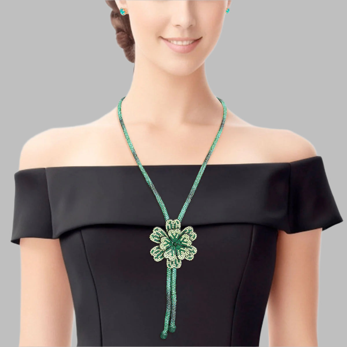 Bolo Necklace Green Stone Flower Set for Women