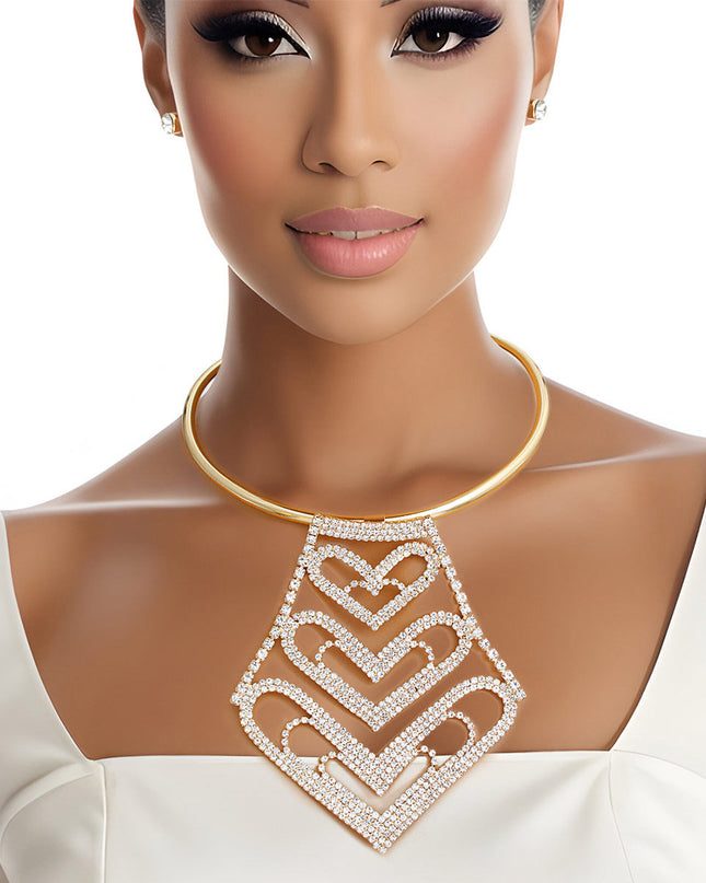 Choker Gold Rigid Rhinestone Heart Set for Women