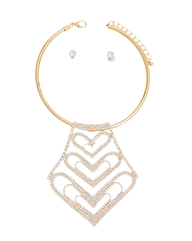Choker Gold Rigid Rhinestone Heart Set for Women
