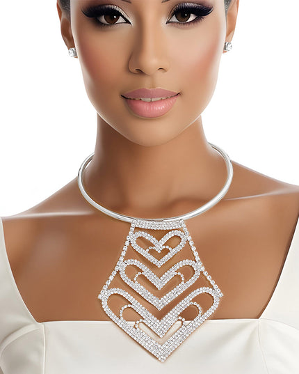 Choker Silver Rigid Rhinestone Heart Set for Women
