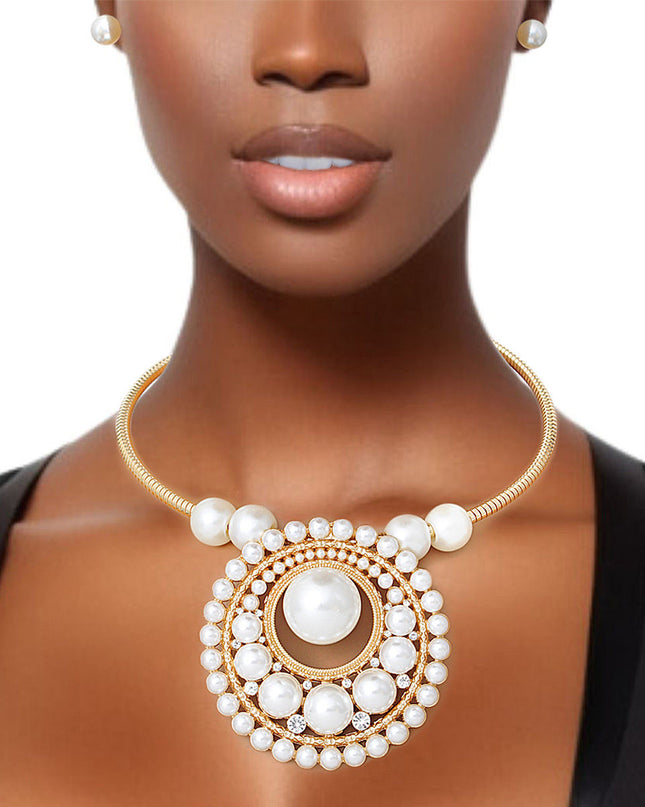 Pendant Necklace Gold Pearl Circular Set for Women