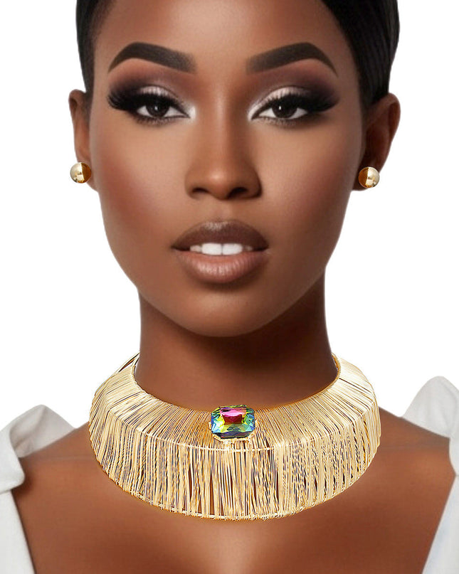 Choker Gold Crystal Wide Rigid Armor Set for Women